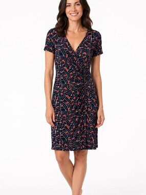 Liz Claiborne Faux Wrap Dress Women's M Navy Coral Geometric Ruched V-Neck